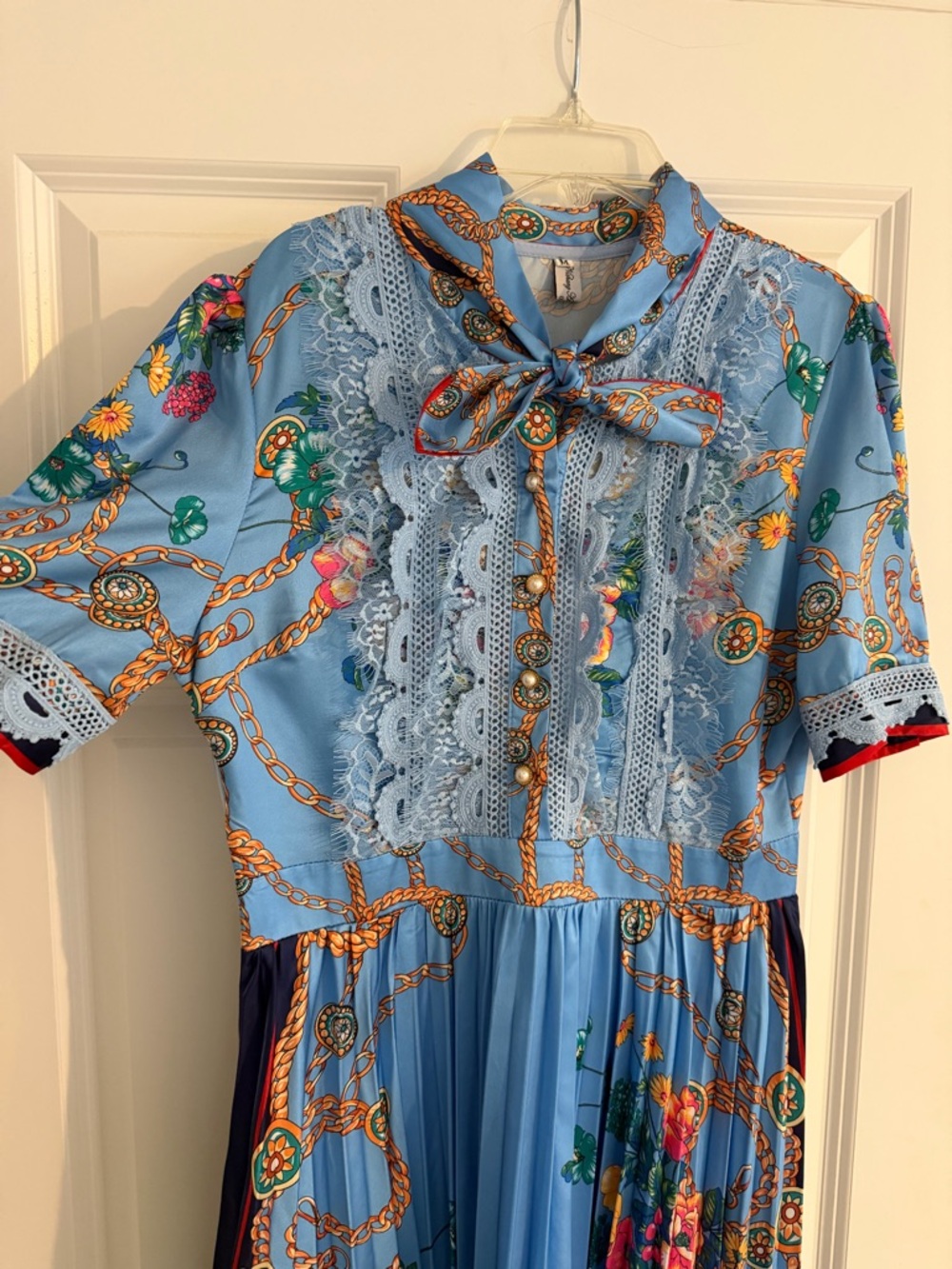 Gorgeous Midi Dress with necktie, lace, and pearl buttons